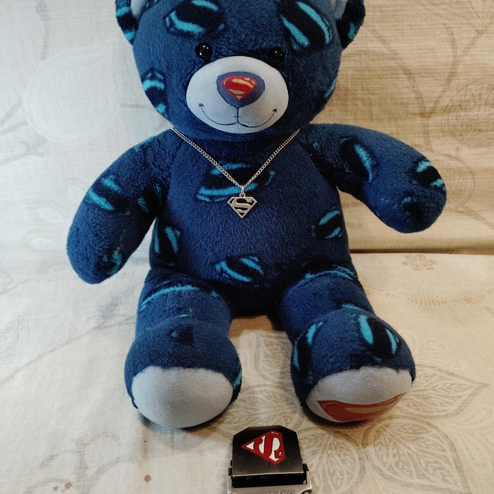 Superman Belt Buckle , Necklace & Blue Teddy Bear with Superman Logo